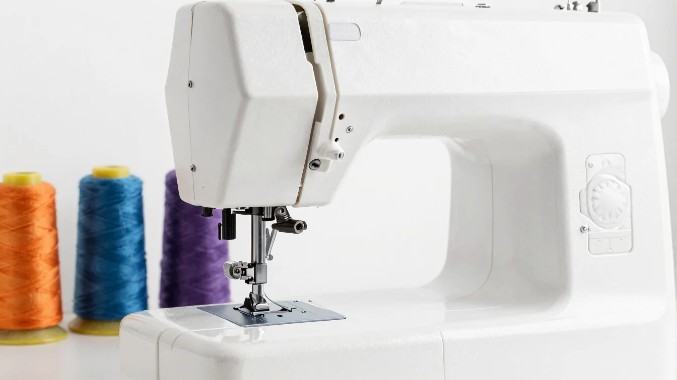 Close-up studio shot of a modern sewing machine with spools of colorful thread, on a seamless white background, bright e