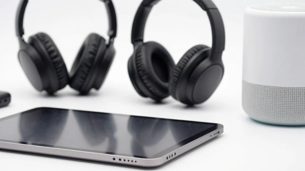 Close-up studio shot of various electronics like a tablet, headphones, and a smart speaker, on a seamless white backgrou