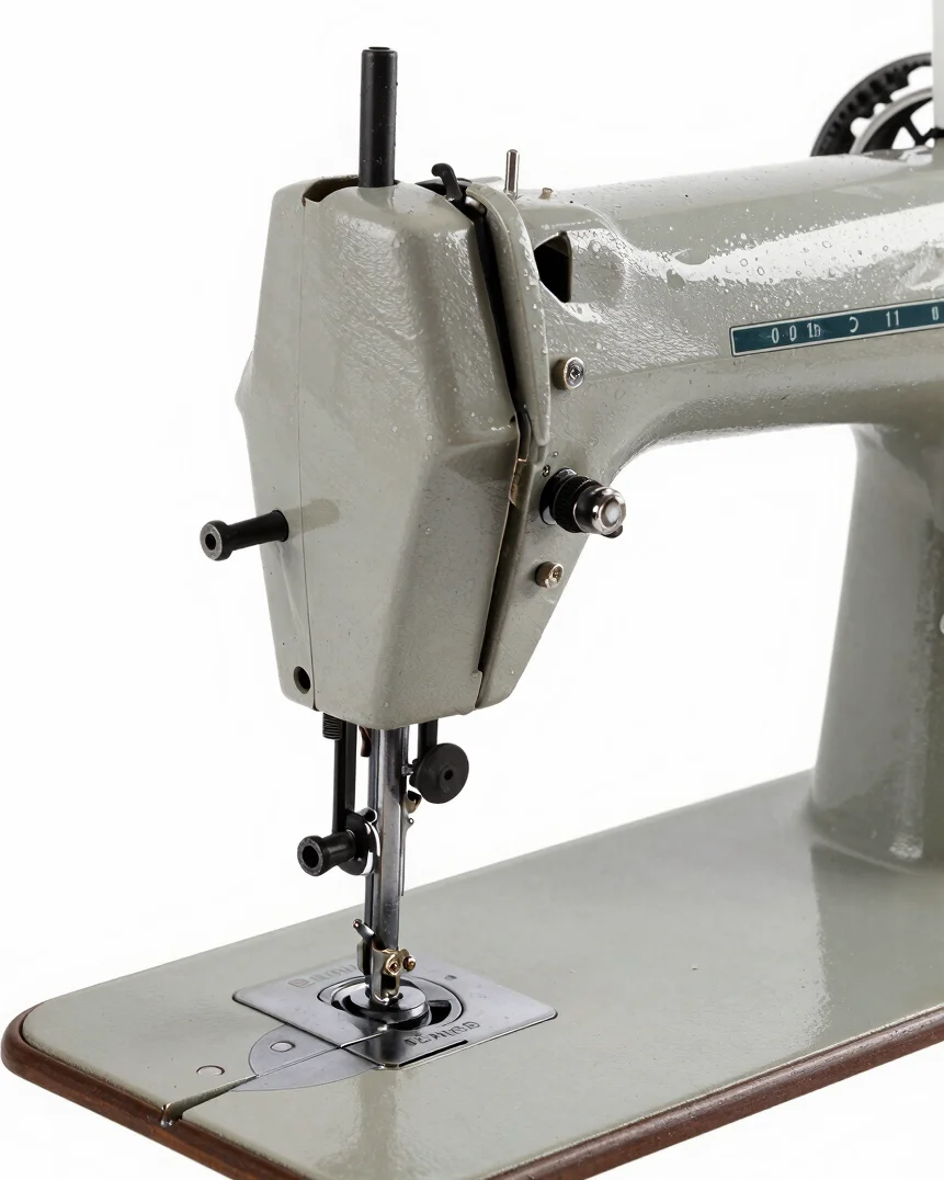 Close-up studio shot of a vintage sewing machine's intricate mechanism, bright seamless white background, clear direct l