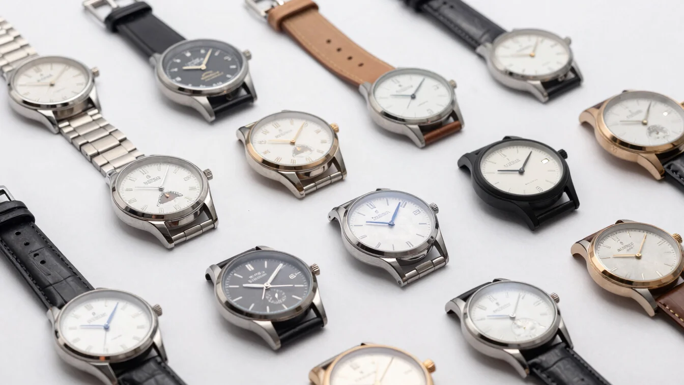 Close-up studio shot of a collection of diverse watches, various styles, on a seamless white background, bright even lig